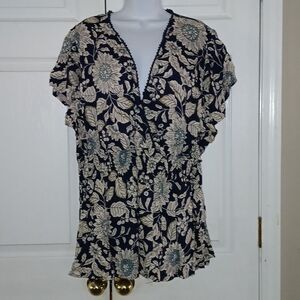 Angie navy ivory floral peasant  vneck blouse  Sz 3X  NWT